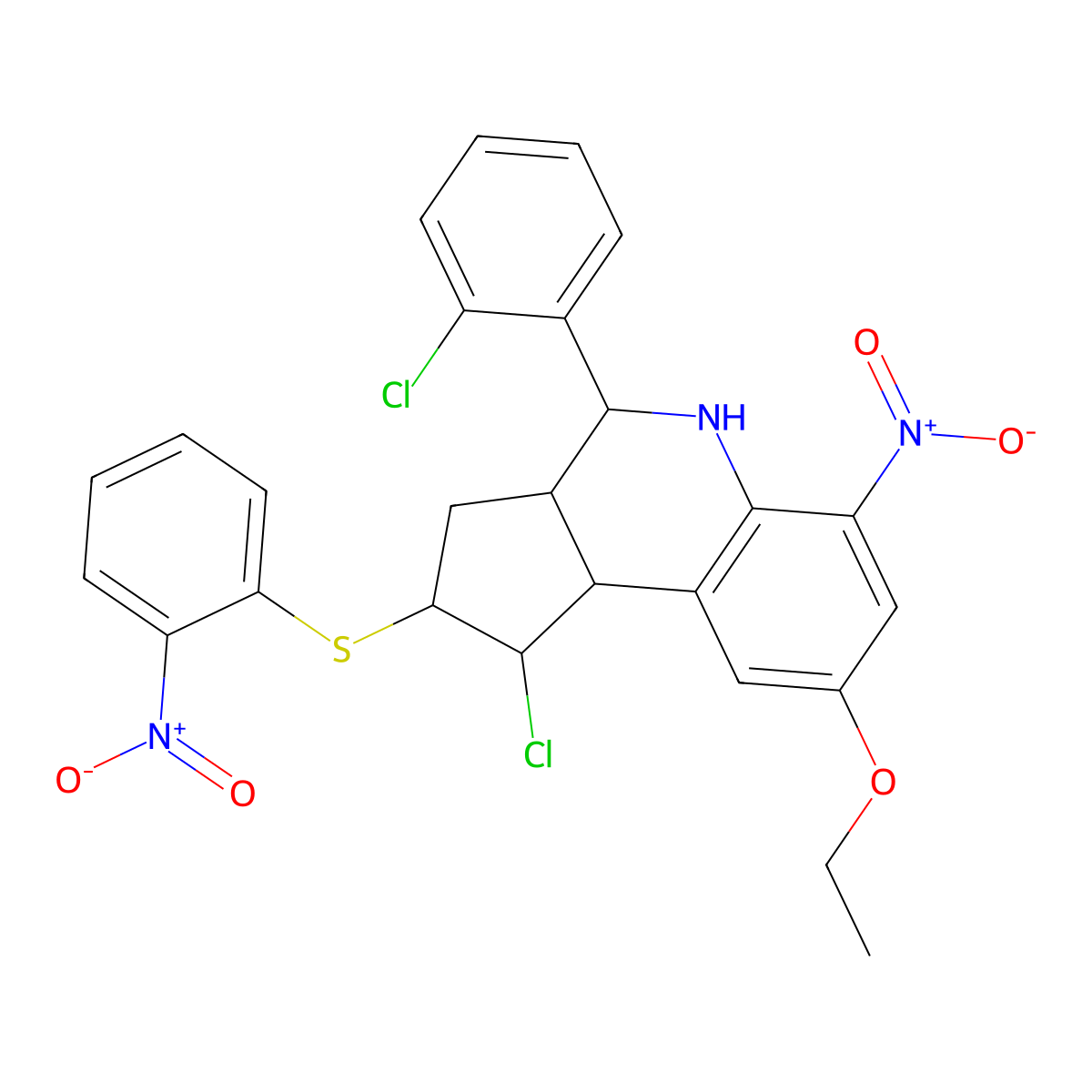 1-chloro-4-(2-chlorophenyl)-8-ethoxy-6-nitro-2-({2-nitrophenyl}sulfanyl)-2,3,3a,4,5,9b-hexahydro-1H-cyclopenta[c]quinoline molecular structure, CAS 485389-44-4
