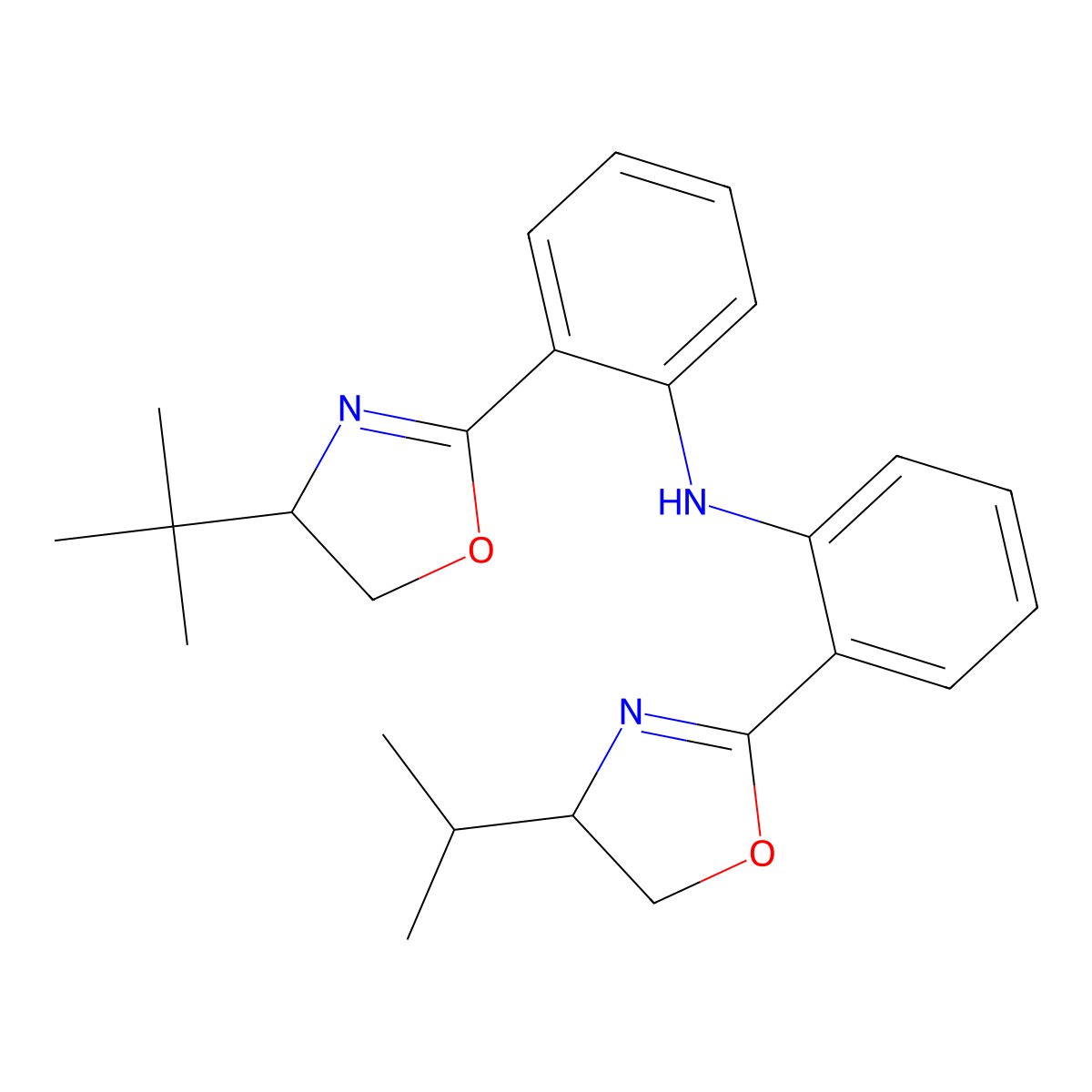 2-[(4S)-4,5-Dihydro-4-(1-methylethyl)-2-oxazolyl]-N-{2-[(4S)-4-(1,1-dimethylethyl)-4,5-dihydro-2-oxazolyl]phenyl}benzenamine molecular structure, CAS 485394-25-0