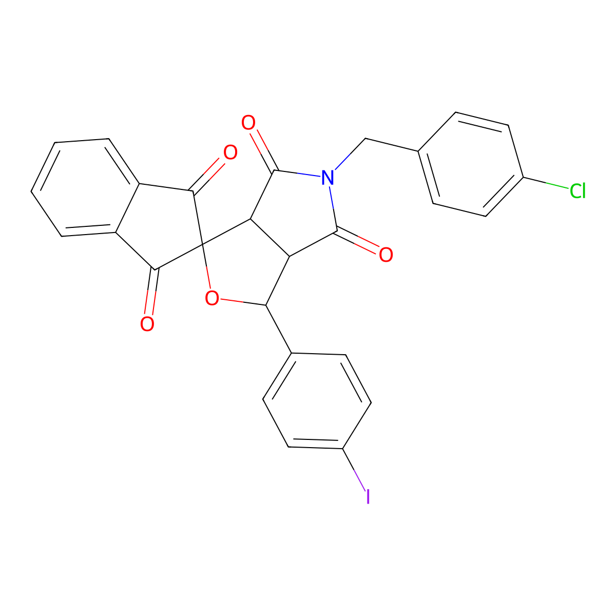 5-(4-chlorobenzyl)-1-(4-iodophenyl)-3a,6a-dihydrospiro[1H-furo[3,4-c]pyrrole-3,2'-(1'H)-indene]-1',3',4,6(2'H,3H,5H)-tetrone molecular structure, CAS 485395-09-3