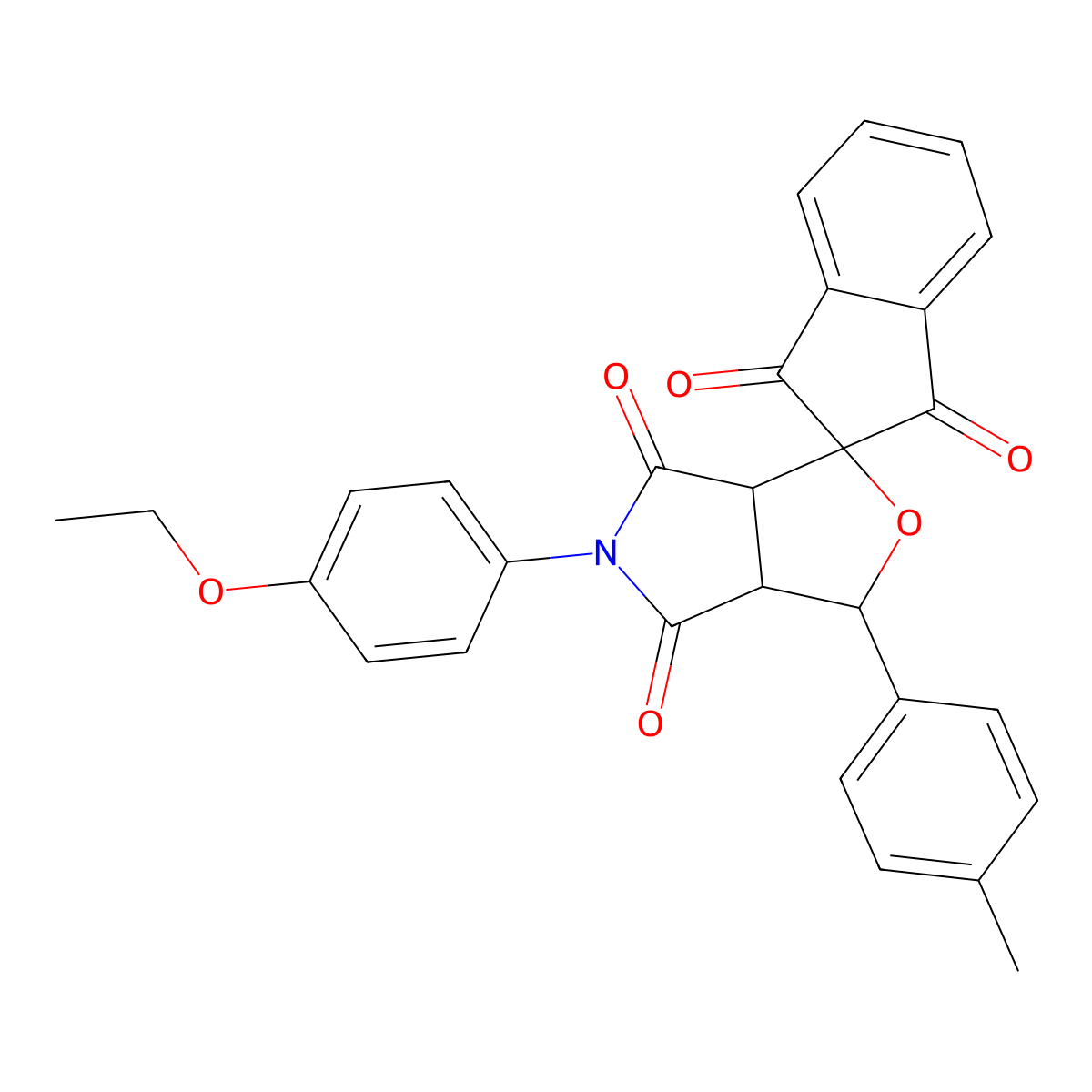 5-[4-(ethyloxy)phenyl]-1-(4-methylphenyl)-1,3-dihydro-1',3',4,6(2'H,3H,5H)-tetraoxospiro(-1H-furo[3,4-c]pyrrole-3,2'-[1'H]-indene) molecular structure, CAS 485395-11-7