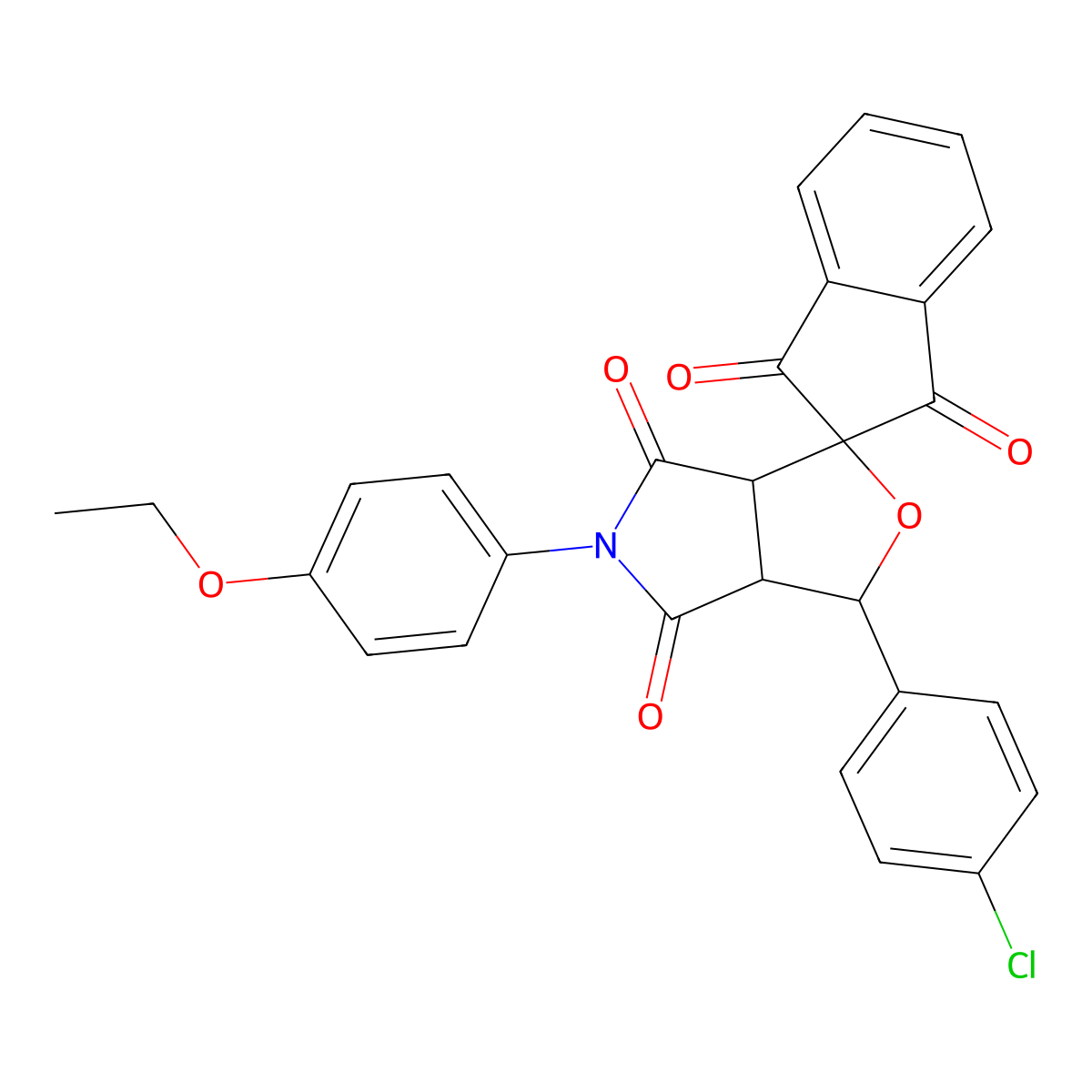 5-[4-(ethyloxy)phenyl]-1-(4-chlorophenyl)-1,3-dihydro-1',3',4,6(2'H,3H,5H)-tetraoxospiro(-1H-furo[3,4-c]pyrrole-3,2'-[1'H]-indene) molecular structure, CAS 485395-12-8