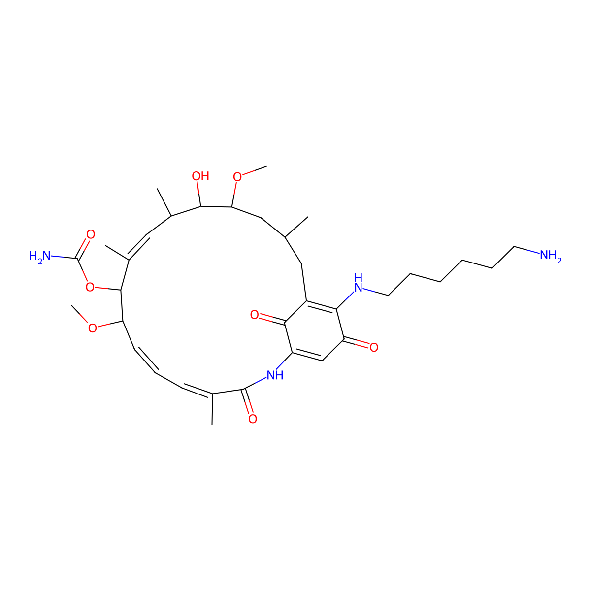 [19-(6-Aminohexylamino)-13-hydroxy-8,14-dimethoxy-4,10,12,16-tetramethyl-3,20,22-trioxo-2-azabicyclo[16.3.1]docosa-1(21),4,6,10,18-pentaen-9-yl] carbamate molecular structure, CAS 485395-71-9