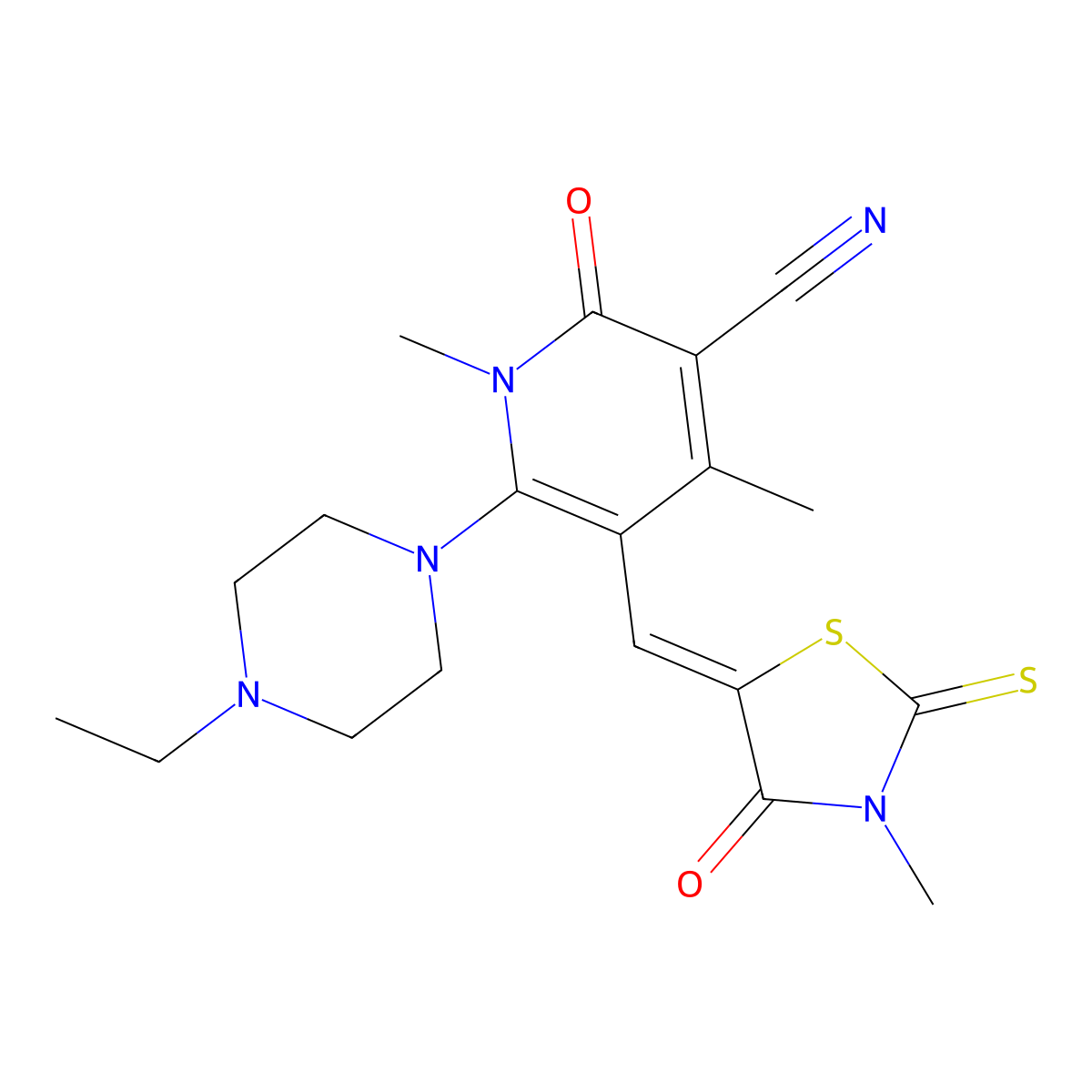 6-(4-Ethylpiperazin-1-yl)-1,4-dimethyl-5-[(3-methyl-4-oxo-2-sulfanylidene-1,3-thiazolidin-5-ylidene)methyl]-2-oxo-1,2-dihydropyridine-3-carbonitrile molecular structure, CAS 4854-79-9