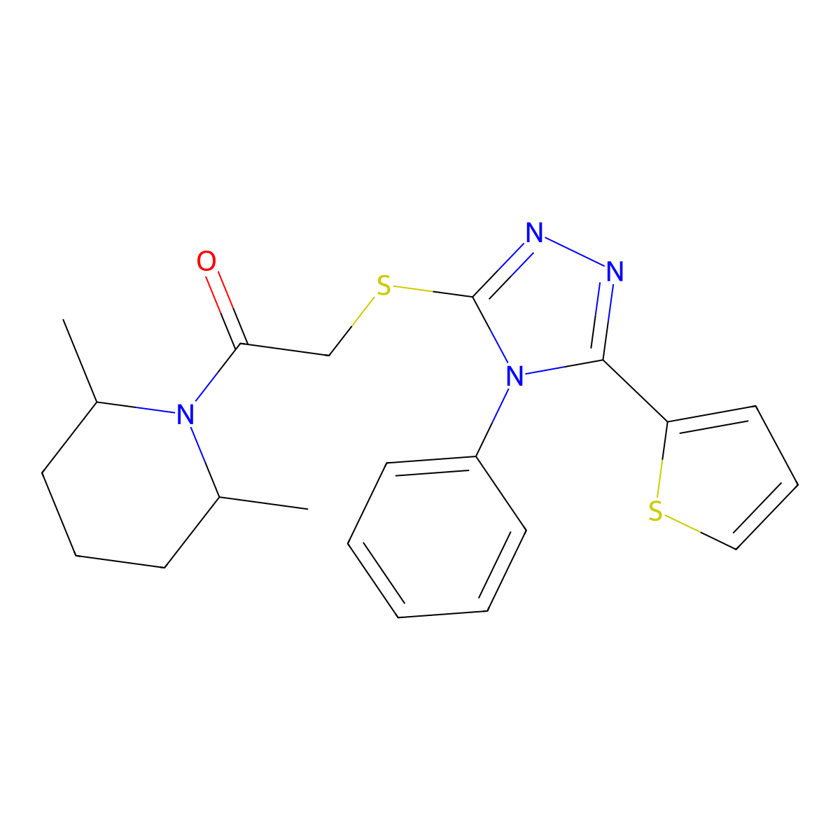 1-(2,6-Dimethylpiperidin-1-yl)-2-[(4-phenyl-5-thiophen-2-yl-1,2,4-triazol-3-yl)sulfanyl]ethanone molecular structure, CAS 485764-74-7