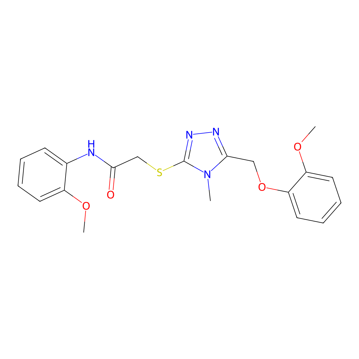 2-[[5-[(2-methoxyphenoxy)methyl]-4-methyl-1,2,4-triazol-3-yl]sulfanyl]-N-(2-methoxyphenyl)acetamide molecular structure, CAS 485773-77-1