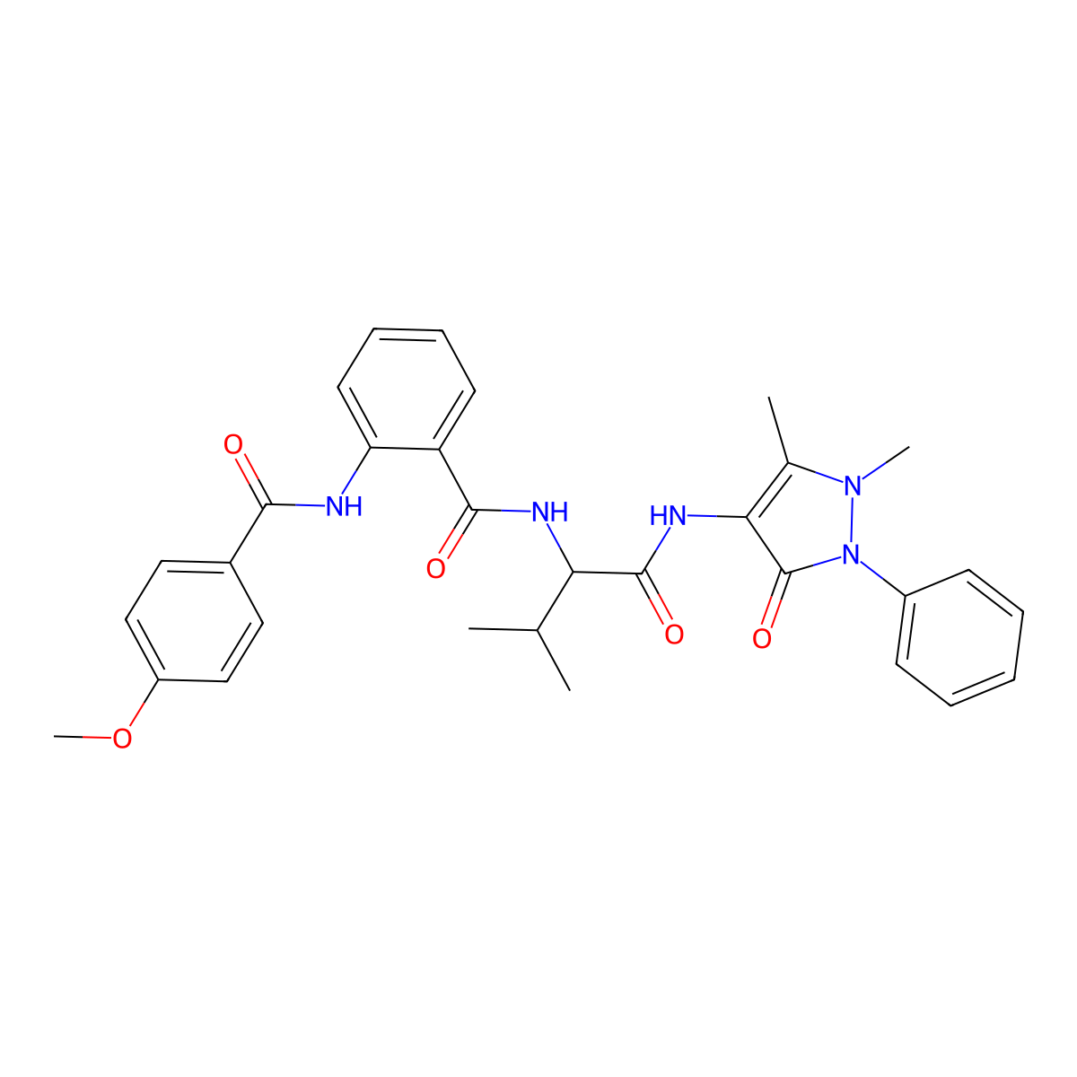 N-(1-(1,5-dimethyl-3-oxo-2-phenyl-2,3-dihydro-1H-pyrazol-4-ylamino)-3-methyl-1-oxobutan-2-yl)-2-(4-methoxybenzamido)benzamide molecular structure, CAS 485810-18-2
