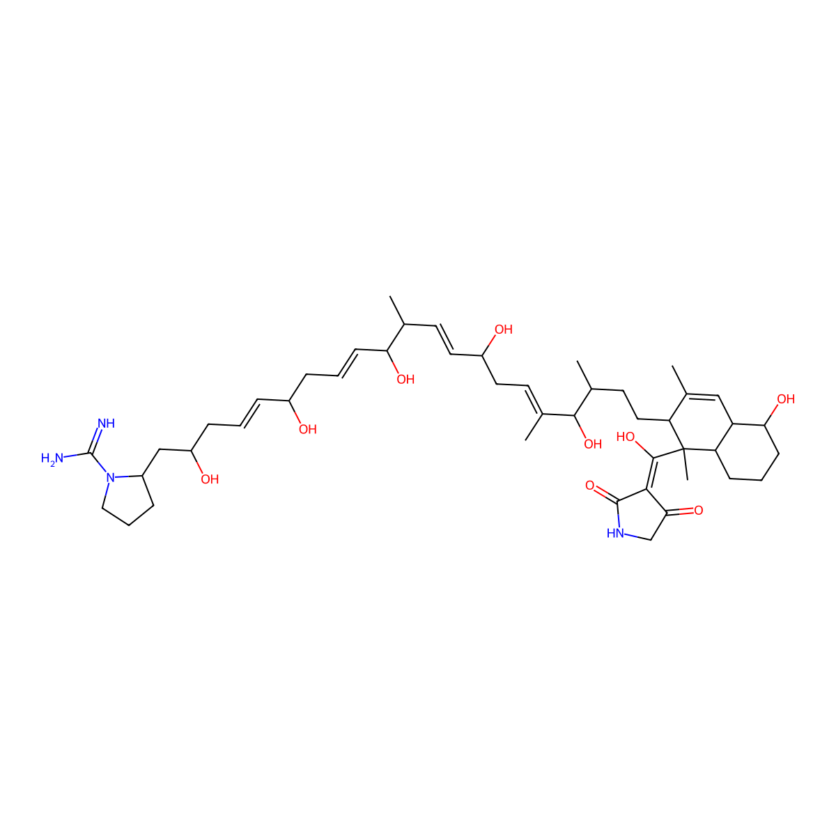 2-[21-[1-[(2,4-dioxopyrrolidin-3-ylidene)-hydroxymethyl]-5-hydroxy-1,3-dimethyl-4a,5,6,7,8,8a-hexahydro-2H-naphthalen-2-yl]-2,6,10,14,18-pentahydroxy-11,17,19-trimethylhenicosa-4,8,12,16-tetraenyl]pyrrolidine-1-carboximidamide molecular structure, CAS 485815-61-0