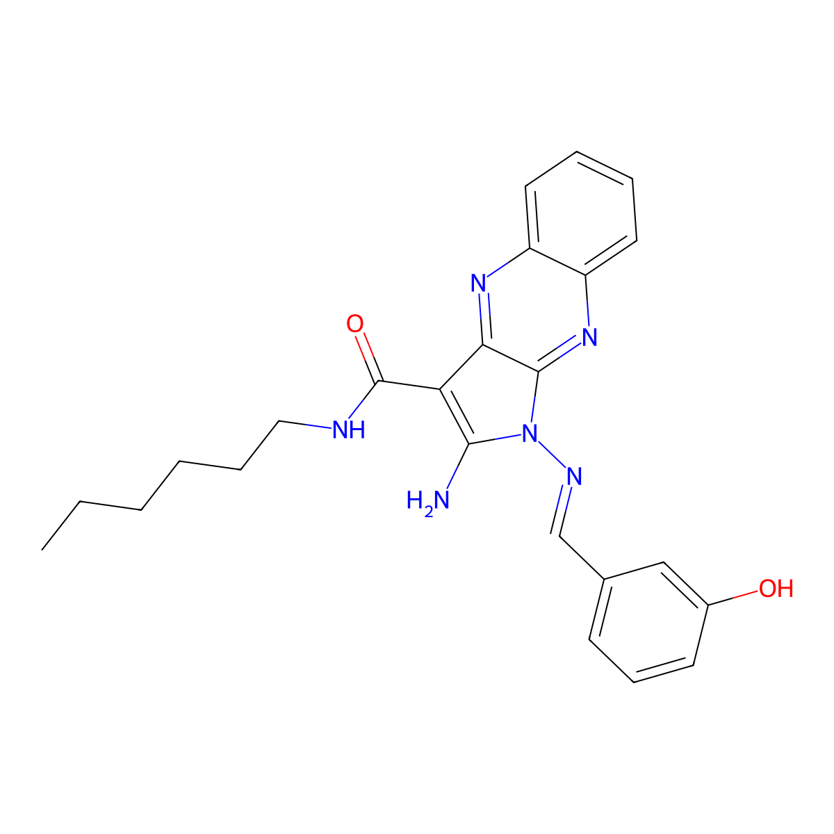 2-amino-N-hexyl-1-[(3-hydroxyphenyl)methylideneamino]pyrrolo[3,2-b]quinoxaline-3-carboxamide molecular structure, CAS 4862-47-9