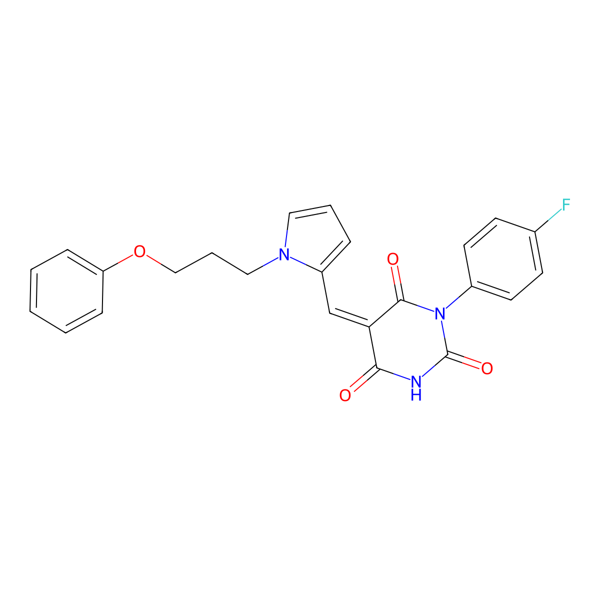 1-(4-Fluorophenyl)-5-[[1-(3-phenoxypropyl)pyrrol-2-yl]methylidene]-1,3-diazinane-2,4,6-trione molecular structure, CAS 4863-78-9