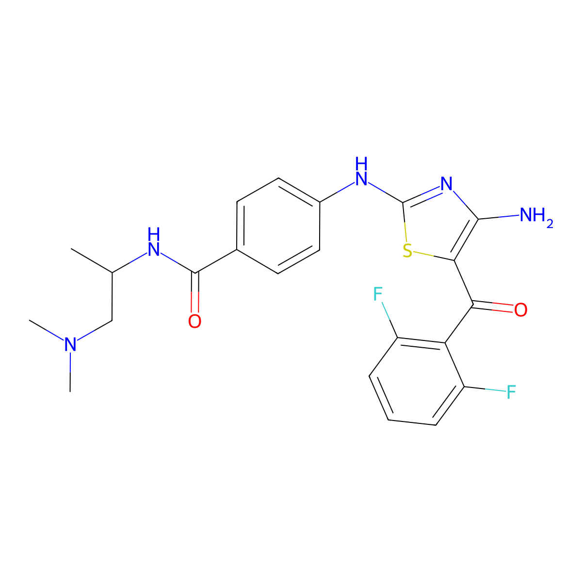 4-((4-amino-5-(2,6-difluorobenzoyl)-1,3-thiazol-2-yl)amino)-N-((1R)-2-(dimethylamino)-1-methylethyl)benzamide molecular structure, CAS 486414-35-1