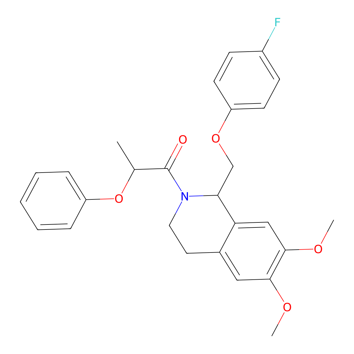 1-(1-((4-fluorophenoxy)methyl)-6,7-dimethoxy-3,4-dihydroisoquinolin-2(1H)-yl)-2-phenoxypropan-1-one molecular structure, CAS 486426-45-3