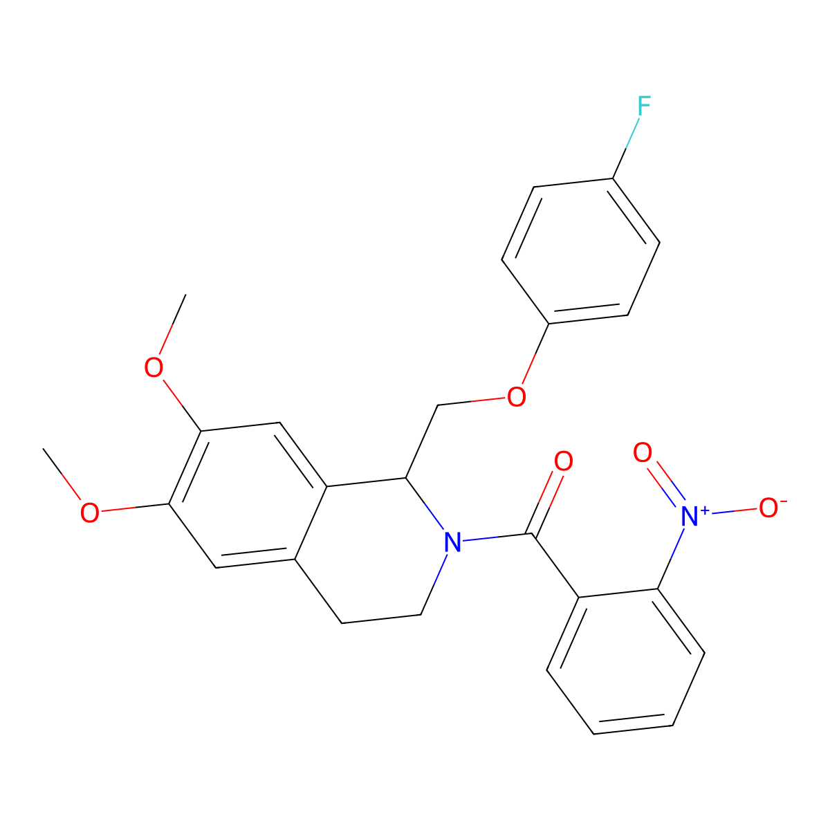 (1-((4-fluorophenoxy)methyl)-6,7-dimethoxy-3,4-dihydroisoquinolin-2(1H)-yl)(2-nitrophenyl)methanone molecular structure, CAS 486426-77-1