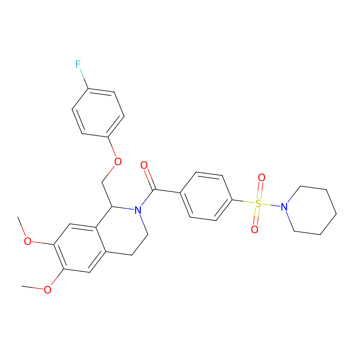 (1-((4-fluorophenoxy)methyl)-6,7-dimethoxy-3,4-dihydroisoquinolin-2(1H)-yl)(4-(piperidin-1-ylsulfonyl)phenyl)methanone molecular structure, CAS 486426-89-5