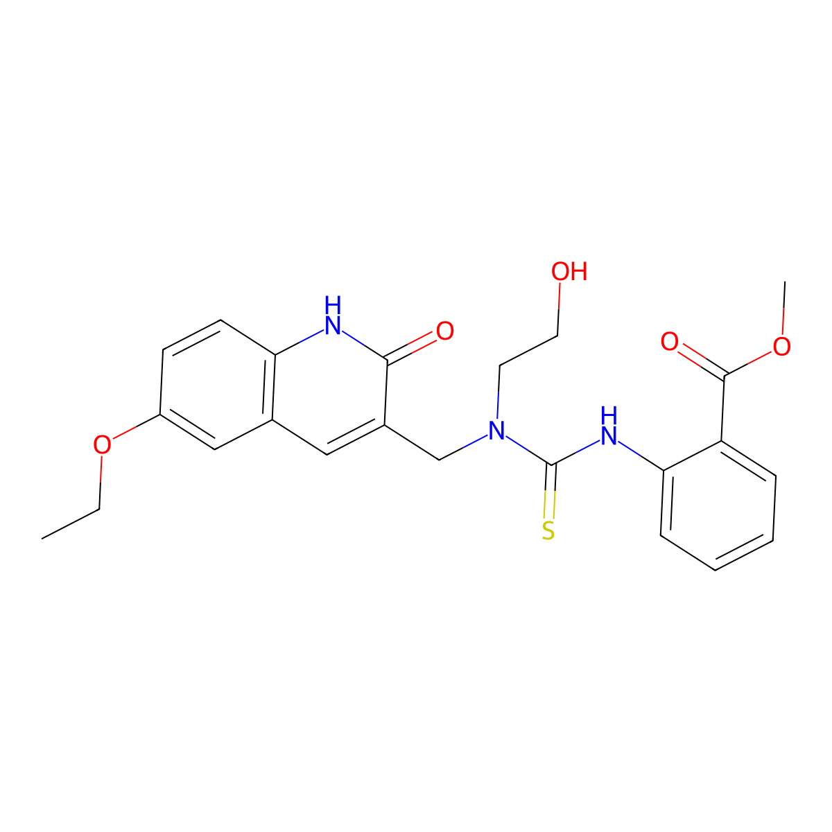 Methyl 2-[[[[(6-ethoxy-1,2-dihydro-2-oxo-3-quinolinyl)methyl](2-hydroxyethyl)amino]thioxomethyl]amino]benzoate molecular structure, CAS 486437-60-9