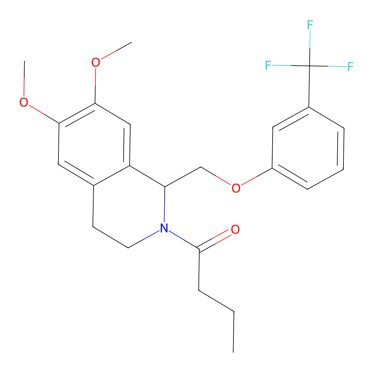 1-(6,7-dimethoxy-1-((3-(trifluoromethyl)phenoxy)methyl)-3,4-dihydroisoquinolin-2(1H)-yl)butan-1-one molecular structure, CAS 486452-05-5