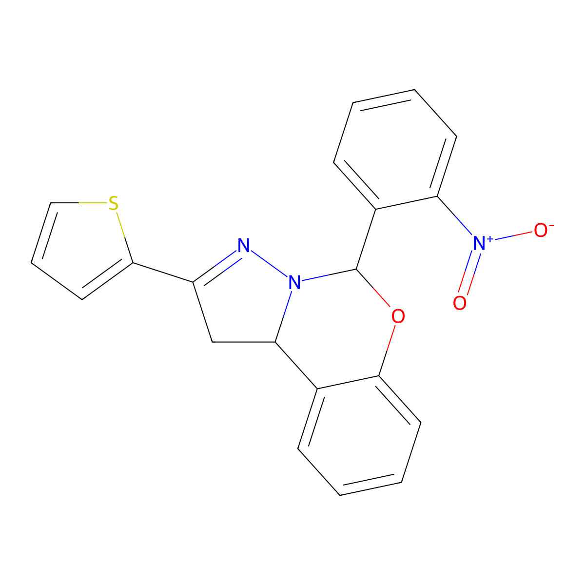 5-(2-nitrophenyl)-2-thiophen-2-yl-5,10b-dihydro-1H-pyrazolo[1,5-c][1,3]benzoxazine molecular structure, CAS 486992-45-4