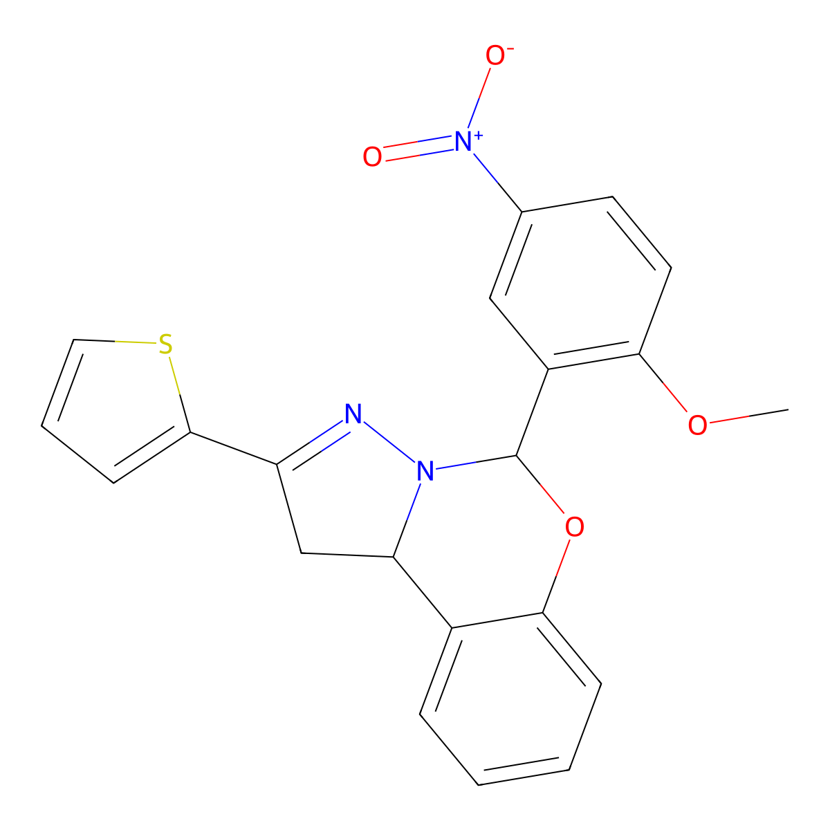 5-(2-methoxy-5-nitrophenyl)-2-thiophen-2-yl-5,10b-dihydro-1H-pyrazolo[1,5-c][1,3]benzoxazine molecular structure, CAS 486992-65-8