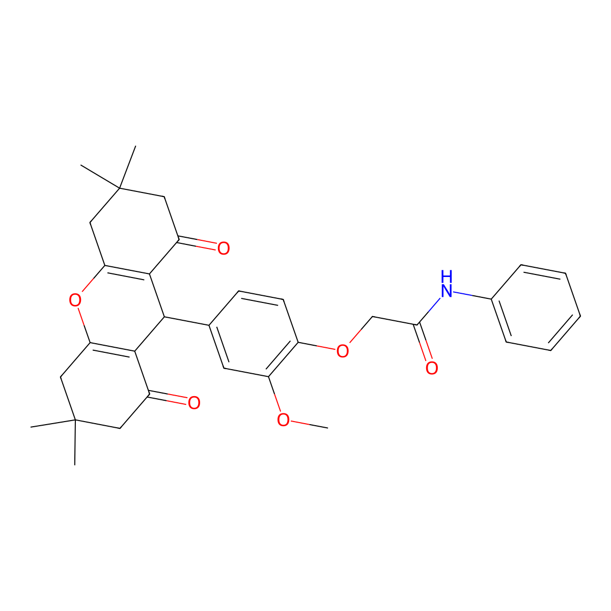 2-[2-methoxy-4-(3,3,6,6-tetramethyl-1,8-dioxo-4,5,7,9-tetrahydro-2H-xanthen-9-yl)phenoxy]-N-phenylacetamide molecular structure, CAS 486993-99-1