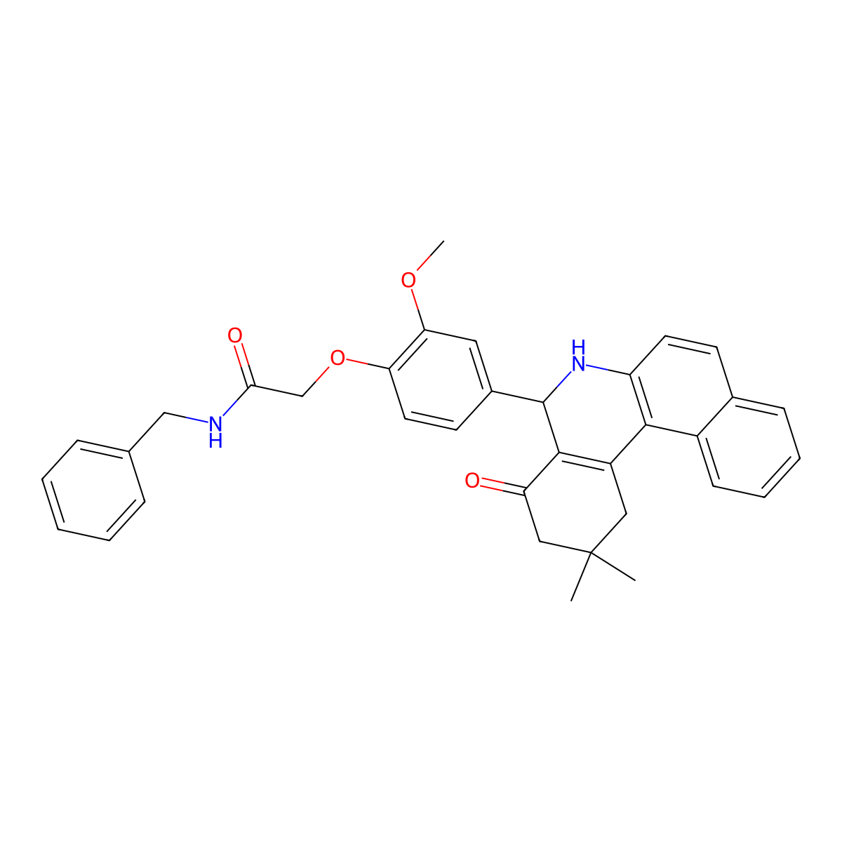 N-benzyl-2-[4-(2,2-dimethyl-4-oxo-1,3,5,6-tetrahydrobenzo[a]phenanthridin-5-yl)-2-methoxyphenoxy]acetamide molecular structure, CAS 486994-02-9