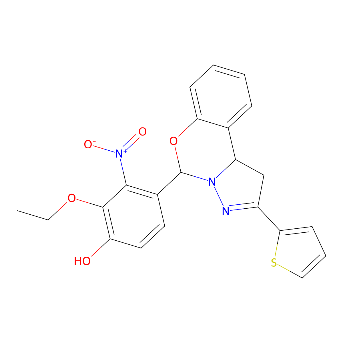 2-ethoxy-3-nitro-4-(2-thiophen-2-yl-5,10b-dihydro-1H-pyrazolo[1,5-c][1,3]benzoxazin-5-yl)phenol molecular structure, CAS 486994-46-1