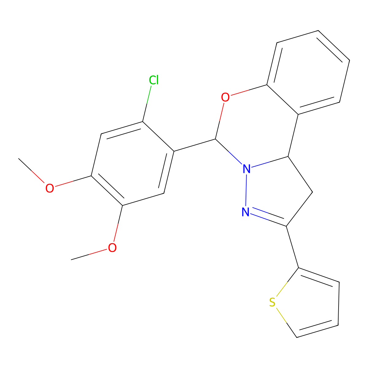 5-(2-chloro-4,5-dimethoxyphenyl)-2-thiophen-2-yl-5,10b-dihydro-1H-pyrazolo[1,5-c][1,3]benzoxazine molecular structure, CAS 486994-61-0