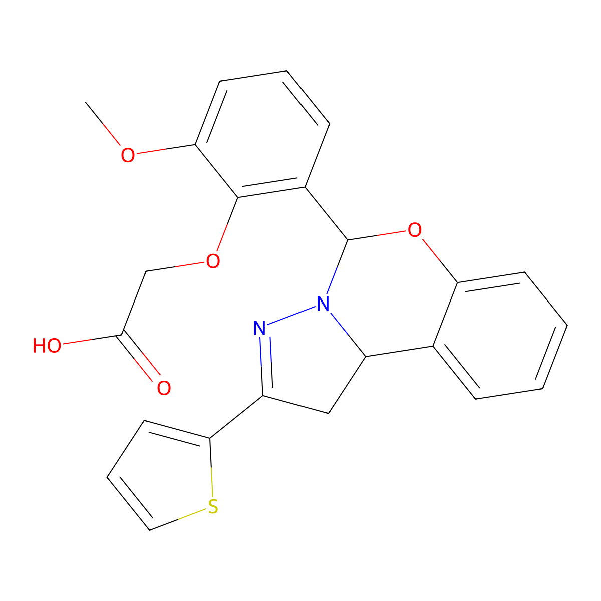{2-Methoxy-6-[2-(thiophen-2-yl)-1,10b-dihydropyrazolo[1,5-c][1,3]benzoxazin-5-yl]phenoxy}acetic acid molecular structure, CAS 486994-93-8