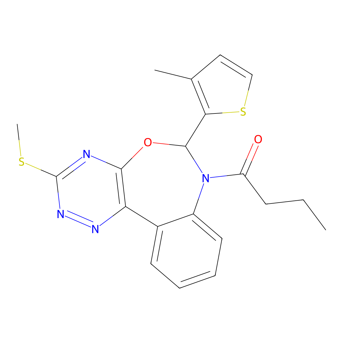 1-[3-methylsulfanyl-6-(3-methylthiophen-2-yl)-6H-[1,2,4]triazino[5,6-d][3,1]benzoxazepin-7-yl]butan-1-one molecular structure, CAS 486995-46-4