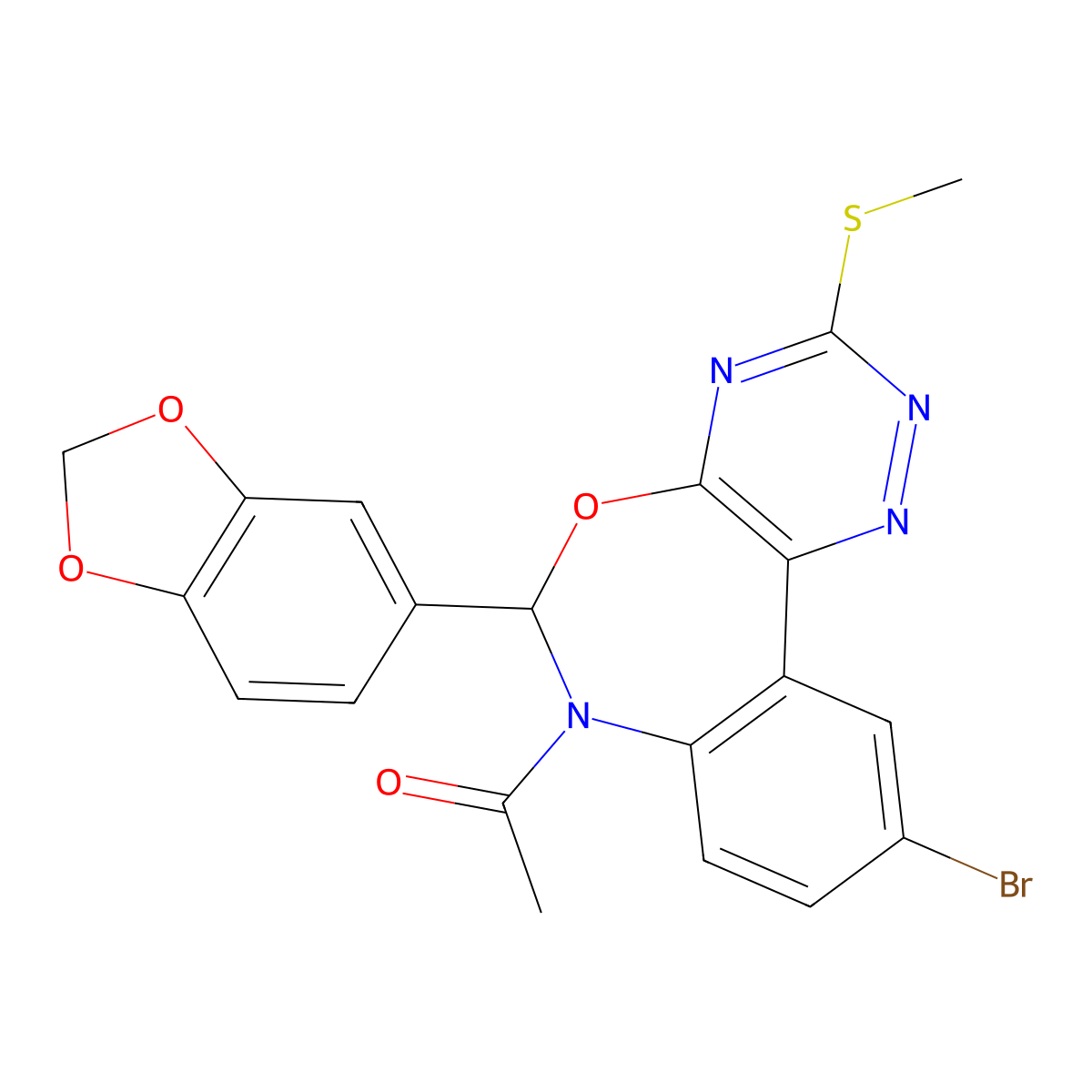 1-[6-(1,3-benzodioxol-5-yl)-10-bromo-3-methylsulfanyl-6H-[1,2,4]triazino[5,6-d][3,1]benzoxazepin-7-yl]ethanone molecular structure, CAS 486995-66-8