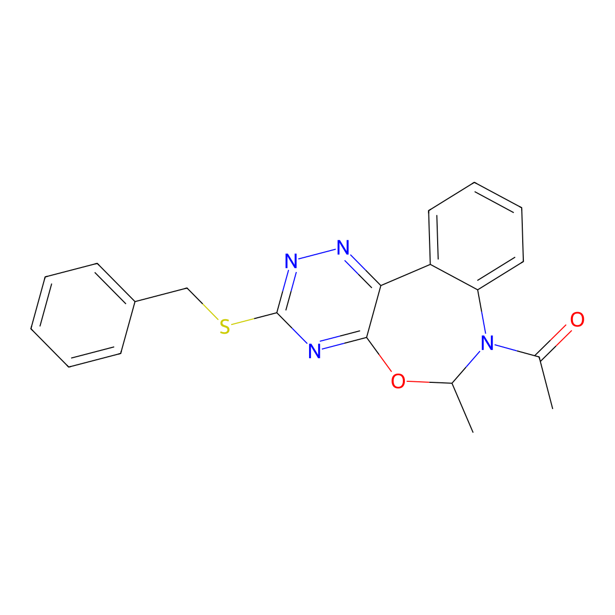 1-(3-benzylsulfanyl-6-methyl-6H-[1,2,4]triazino[5,6-d][3,1]benzoxazepin-7-yl)ethanone molecular structure, CAS 486996-40-1