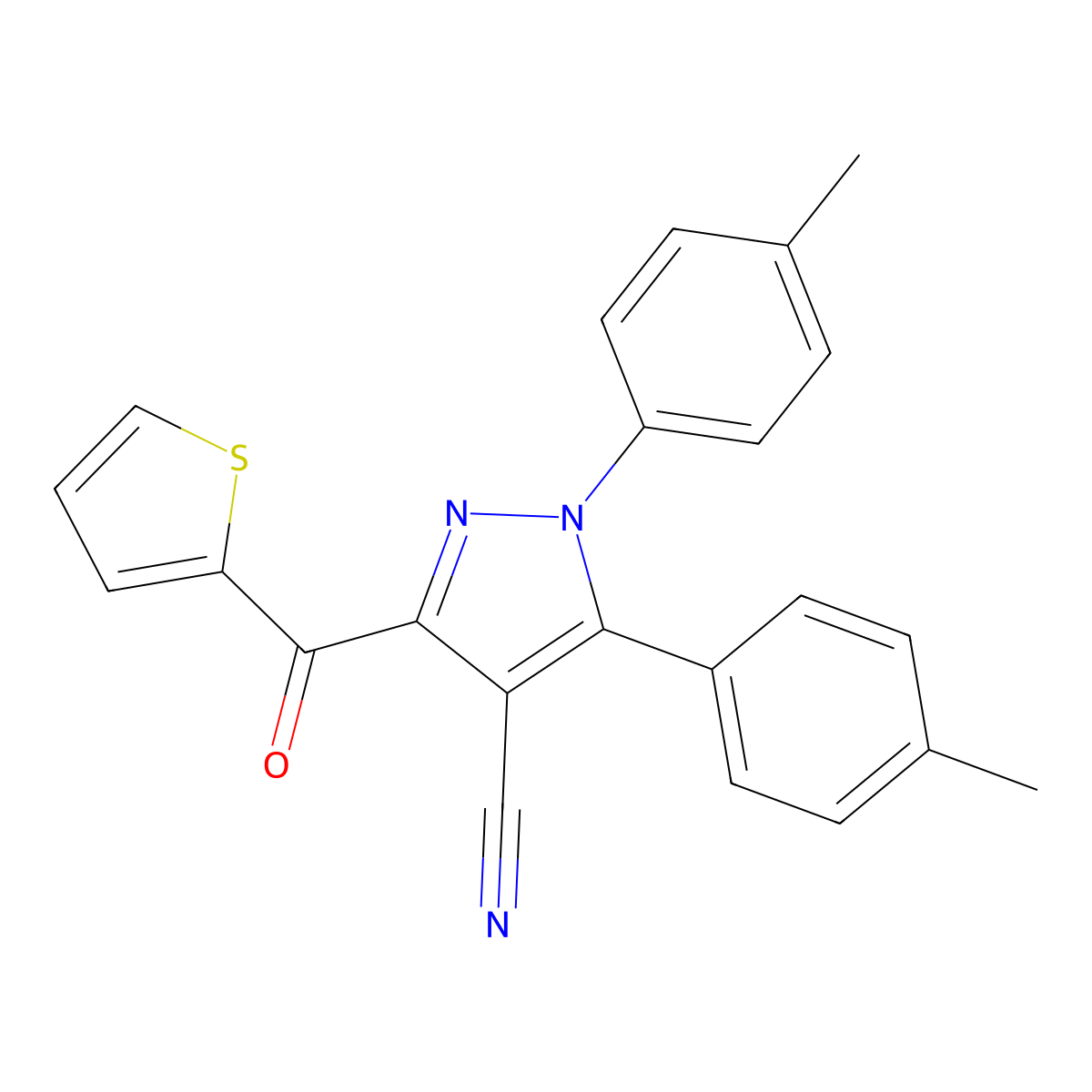 1,5-bis(4-methylphenyl)-3-(2-thienylcarbonyl)-1H-pyrazole-4-carbonitrile molecular structure, CAS 486997-50-6