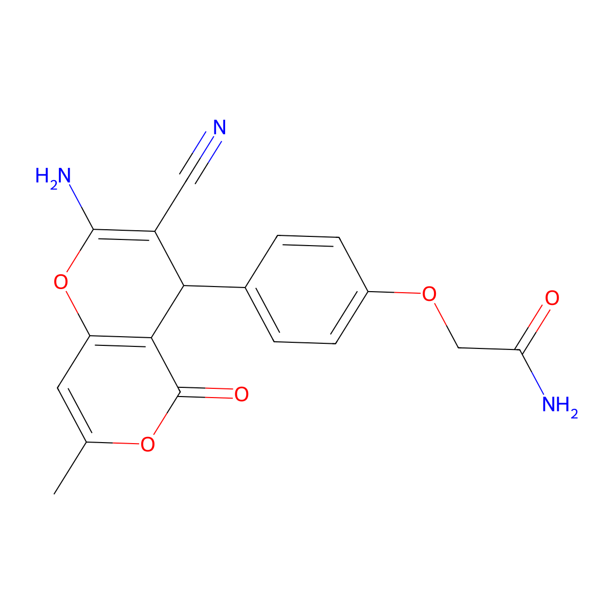 2-[4-(2-amino-3-cyano-7-methyl-5-oxo-4H,5H-pyrano[4,3-b]pyran-4-yl)phenoxy]acetamide molecular structure, CAS 487008-97-9