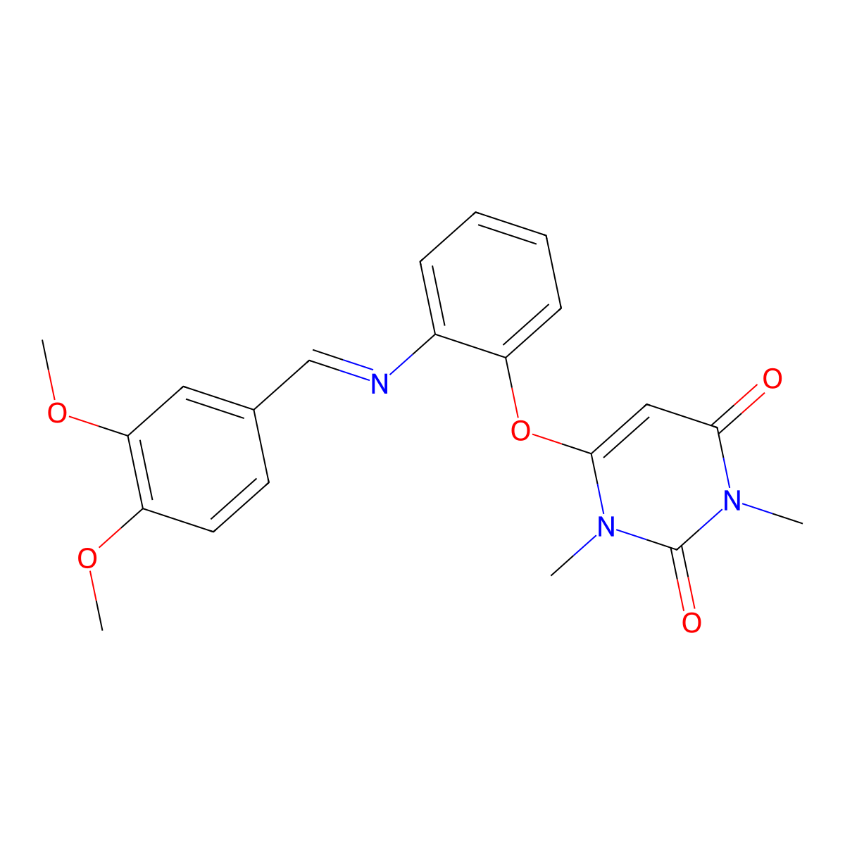 6-{2-[(3,4-dimethoxybenzylidene)amino]phenoxy}-1,3-dimethyl-2,4(1H,3H)-pyrimidinedione molecular structure, CAS 487018-73-5