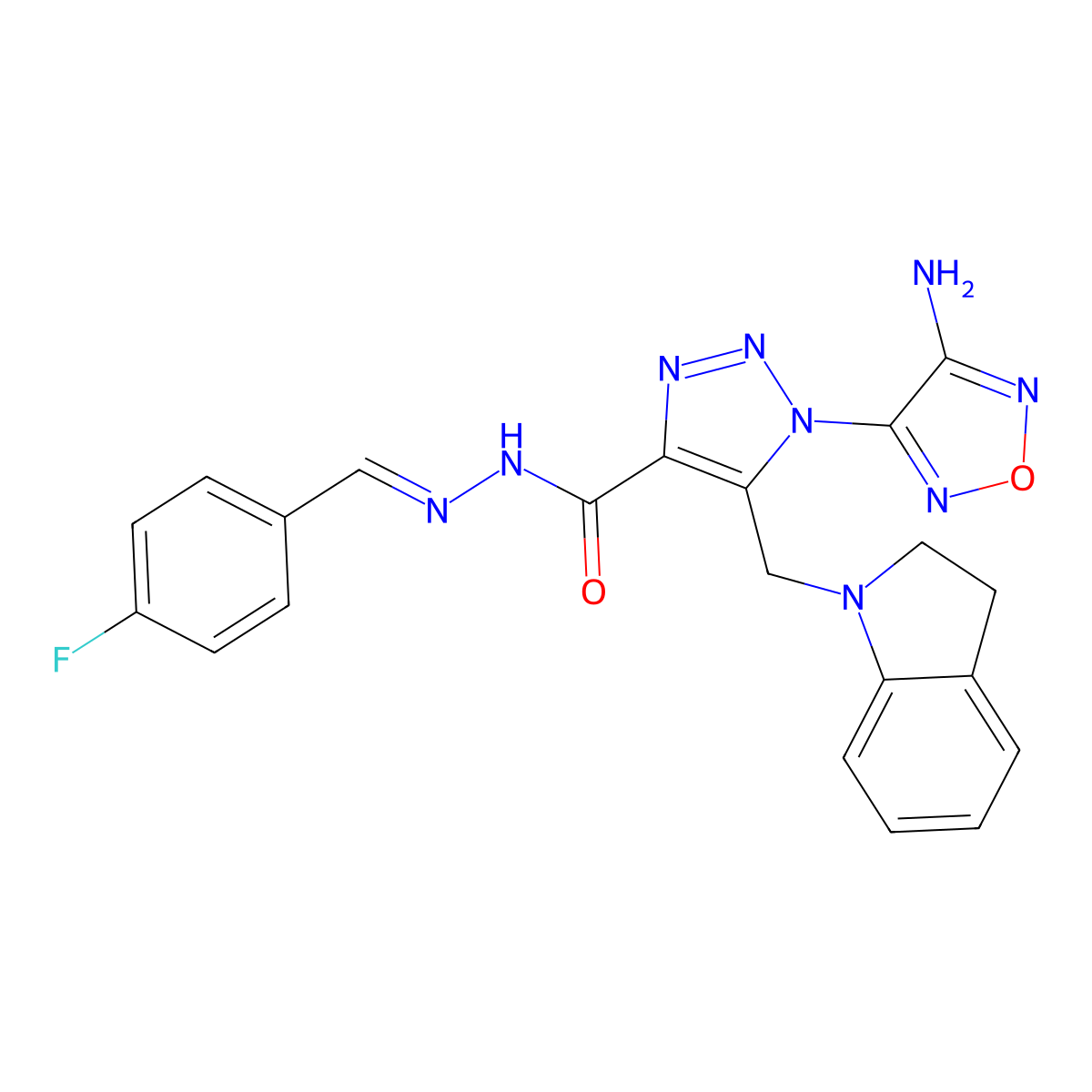 1-(4-Amino-1,2,5-oxadiazol-3-yl)-5-[(2,3-dihydro-1H-indol-1-yl)methyl]-1H-1,2,3-triazole-4-carboxylic acid 2-[(4-fluorophenyl)methylene]hydrazide molecular structure, CAS 487020-09-7