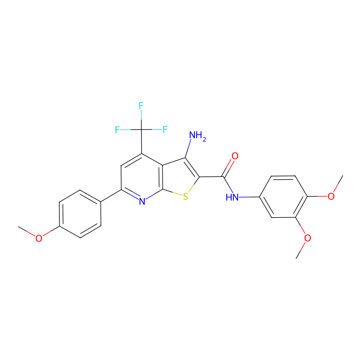 3-amino-N-(3,4-dimethoxyphenyl)-6-(4-methoxyphenyl)-4-(trifluoromethyl)thieno[2,3-b]pyridine-2-carboxamide molecular structure, CAS 487020-82-6