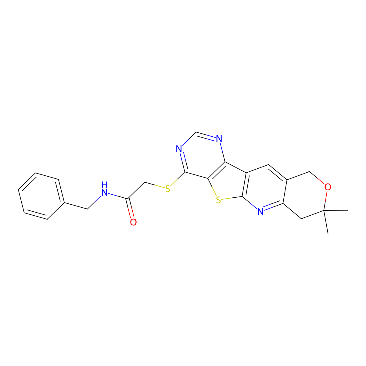 N-benzyl-2-((8,8-dimethyl-8,10-dihydro-7H-pyrano[3'',4'':5',6']pyrido[3',2':4,5]thieno[3,2-d]pyrimidin-4-yl)thio)acetamide molecular structure, CAS 487022-97-9