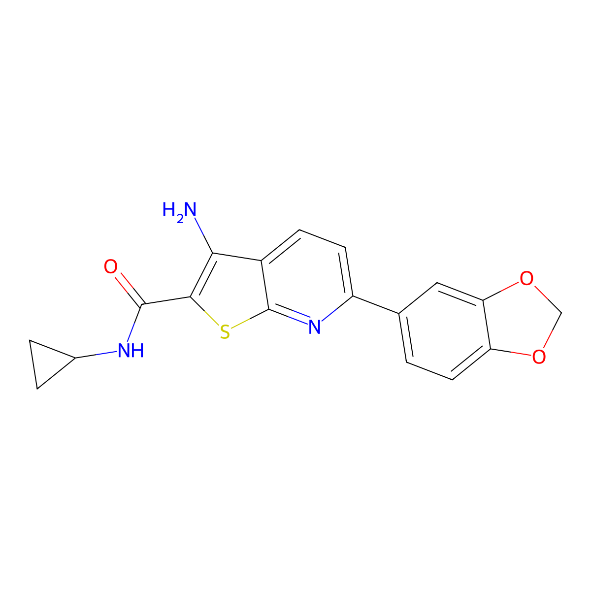 3-amino-6-(1,3-benzodioxol-5-yl)-N-cyclopropylthieno[2,3-b]pyridine-2-carboxamide molecular structure, CAS 487023-39-2