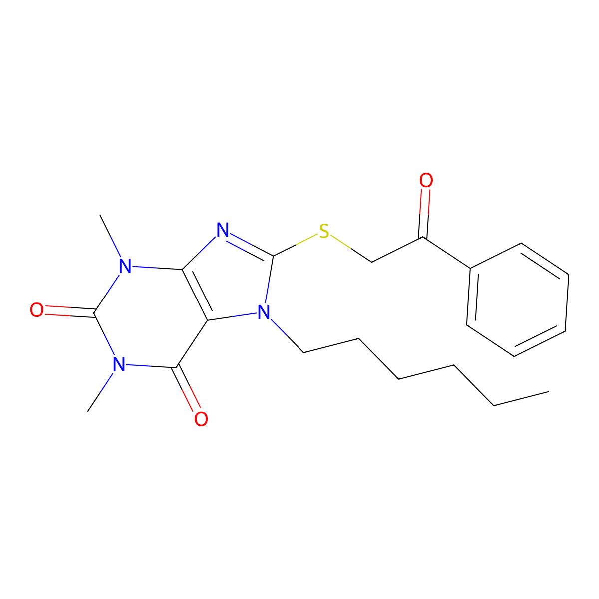 7-Hexyl-1,3-dimethyl-8-phenacylsulfanylpurine-2,6-dione molecular structure, CAS 487023-56-3