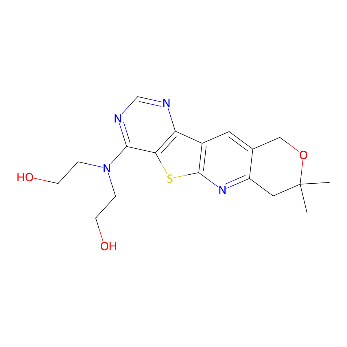 2-[(5,5-Dimethyl-6-oxa-17-thia-2,12,14-triazatetracyclo[8.7.0.03,8.011,16]heptadeca-1,3(8),9,11,13,15-hexaen-15-yl)-(2-hydroxyethyl)amino]ethanol molecular structure, CAS 487023-88-1