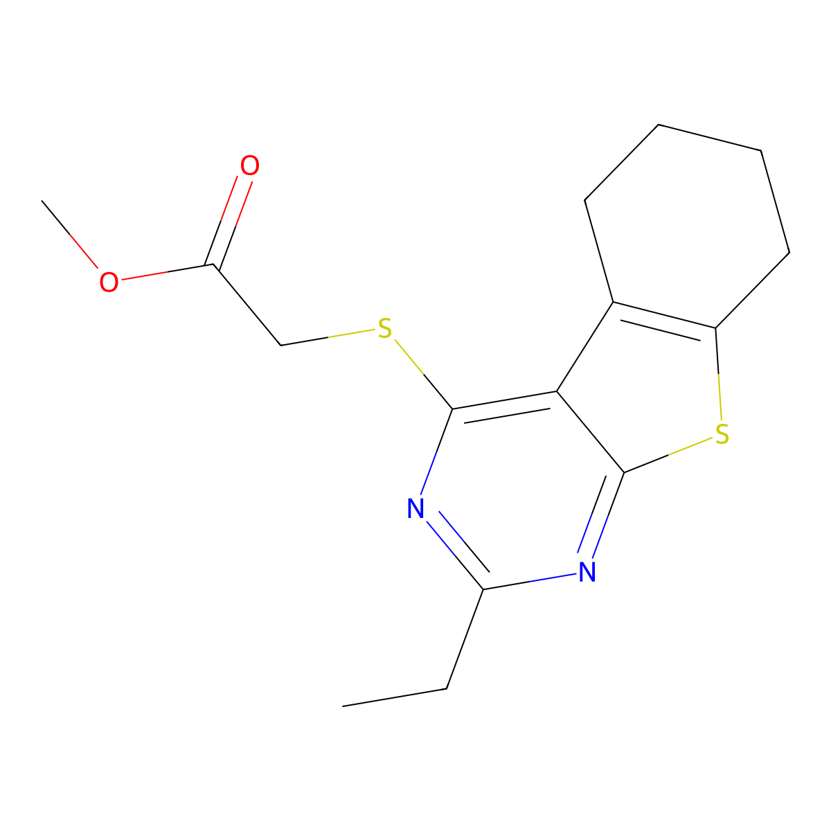 Methyl [(2-ethyl-5,6,7,8-tetrahydro[1]benzothieno[2,3-d]pyrimidin-4-yl)sulfanyl]acetate molecular structure, CAS 487023-98-3