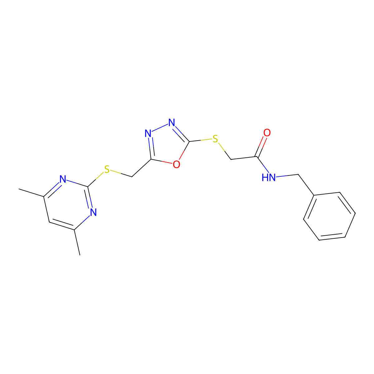 N-benzyl-2-[[5-[(4,6-dimethylpyrimidin-2-yl)sulfanylmethyl]-1,3,4-oxadiazol-2-yl]sulfanyl]acetamide molecular structure, CAS 487024-38-4
