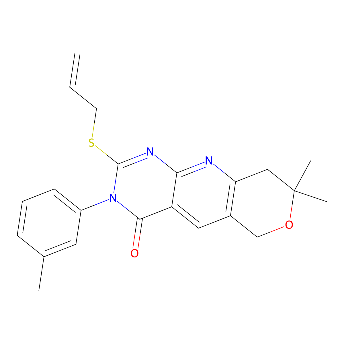 8,8-Dimethyl-3-(3-methylphenyl)-2-prop-2-enylsulfanyl-6,9-dihydropyrano[3,4]pyrido[3,5-b]pyrimidin-4-one molecular structure, CAS 487024-45-3