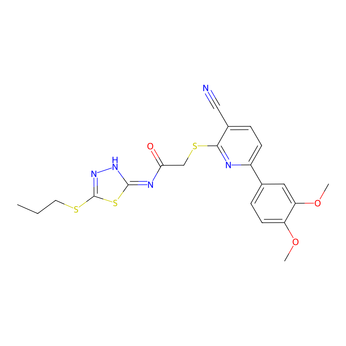 2-[3-cyano-6-(3,4-dimethoxyphenyl)pyridin-2-yl]sulfanyl-N-(5-propylsulfanyl-1,3,4-thiadiazol-2-yl)acetamide molecular structure, CAS 487024-71-5