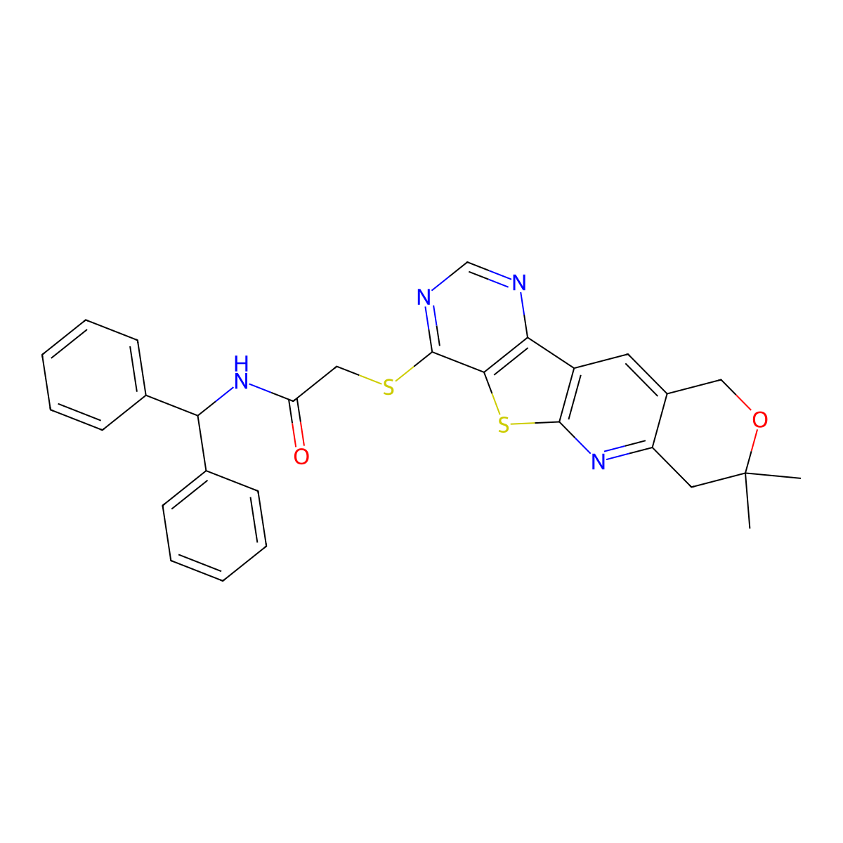 N-benzhydryl-2-((8,8-dimethyl-8,10-dihydro-7H-pyrano[3'',4'':5',6']pyrido[3',2':4,5]thieno[3,2-d]pyrimidin-4-yl)thio)acetamide molecular structure, CAS 487025-48-9