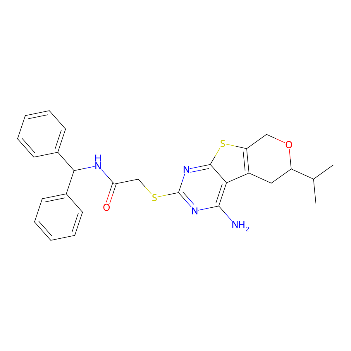 2-[(4-amino-6-propan-2-yl-6,8-dihydro-5H-pyrano[4,5]thieno[1,2-c]pyrimidin-2-yl)sulfanyl]-N-benzhydrylacetamide molecular structure, CAS 487025-50-3