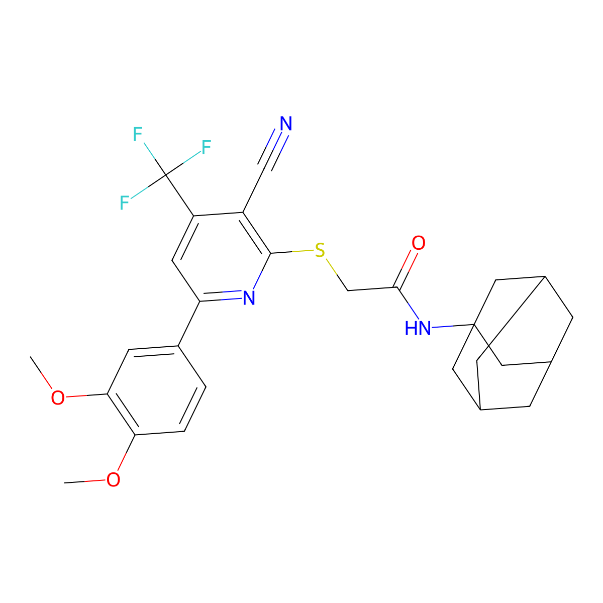 N-(1-adamantyl)-2-[3-cyano-6-(3,4-dimethoxyphenyl)-4-(trifluoromethyl)pyridin-2-yl]sulfanylacetamide molecular structure, CAS 487032-04-2