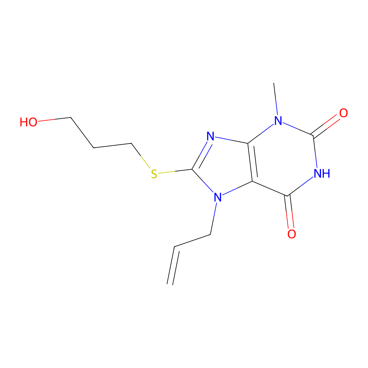 7-allyl-8-((3-hydroxypropyl)thio)-3-methyl-1H-purine-2,6(3H,7H)-dione molecular structure, CAS 487032-17-7