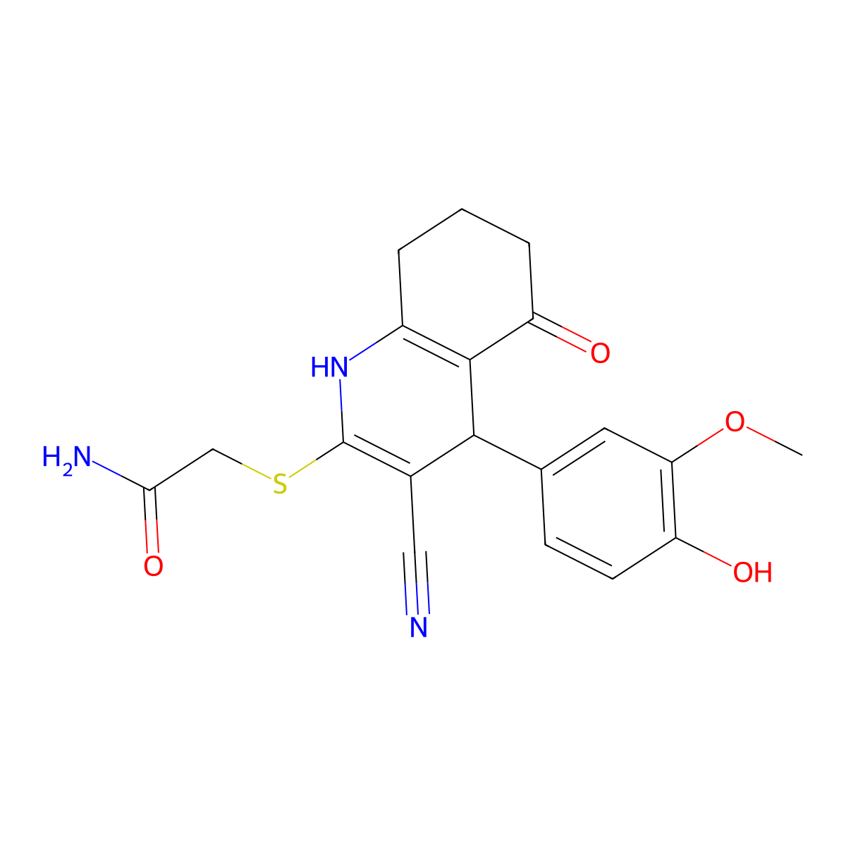 2-[[3-cyano-4-(4-hydroxy-3-methoxyphenyl)-5-oxo-4,6,7,8-tetrahydro-1H-quinolin-2-yl]sulfanyl]acetamide molecular structure, CAS 487032-23-5