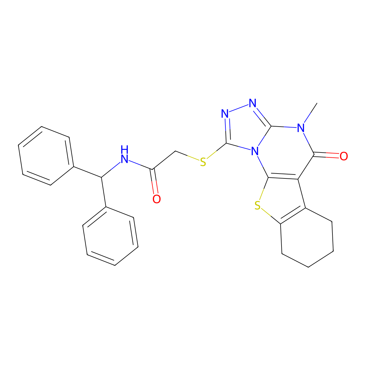 N-benzhydryl-2-((4-methyl-5-oxo-4,5,6,7,8,9-hexahydrobenzo[4,5]thieno[3,2-e][1,2,4]triazolo[4,3-a]pyrimidin-1-yl)thio)acetamide molecular structure, CAS 487032-50-8