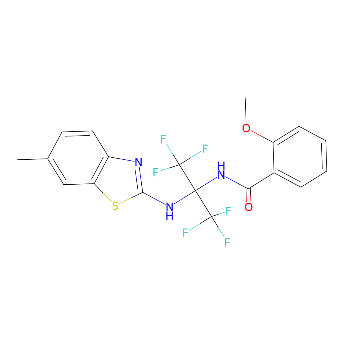 2-Methoxy-N-[2,2,2-trifluoro-1-[(6-methyl-1,3-benzothiazol-2-yl)amino]-1-(trifluoromethyl)ethyl]benzamide molecular structure, CAS 487032-65-5