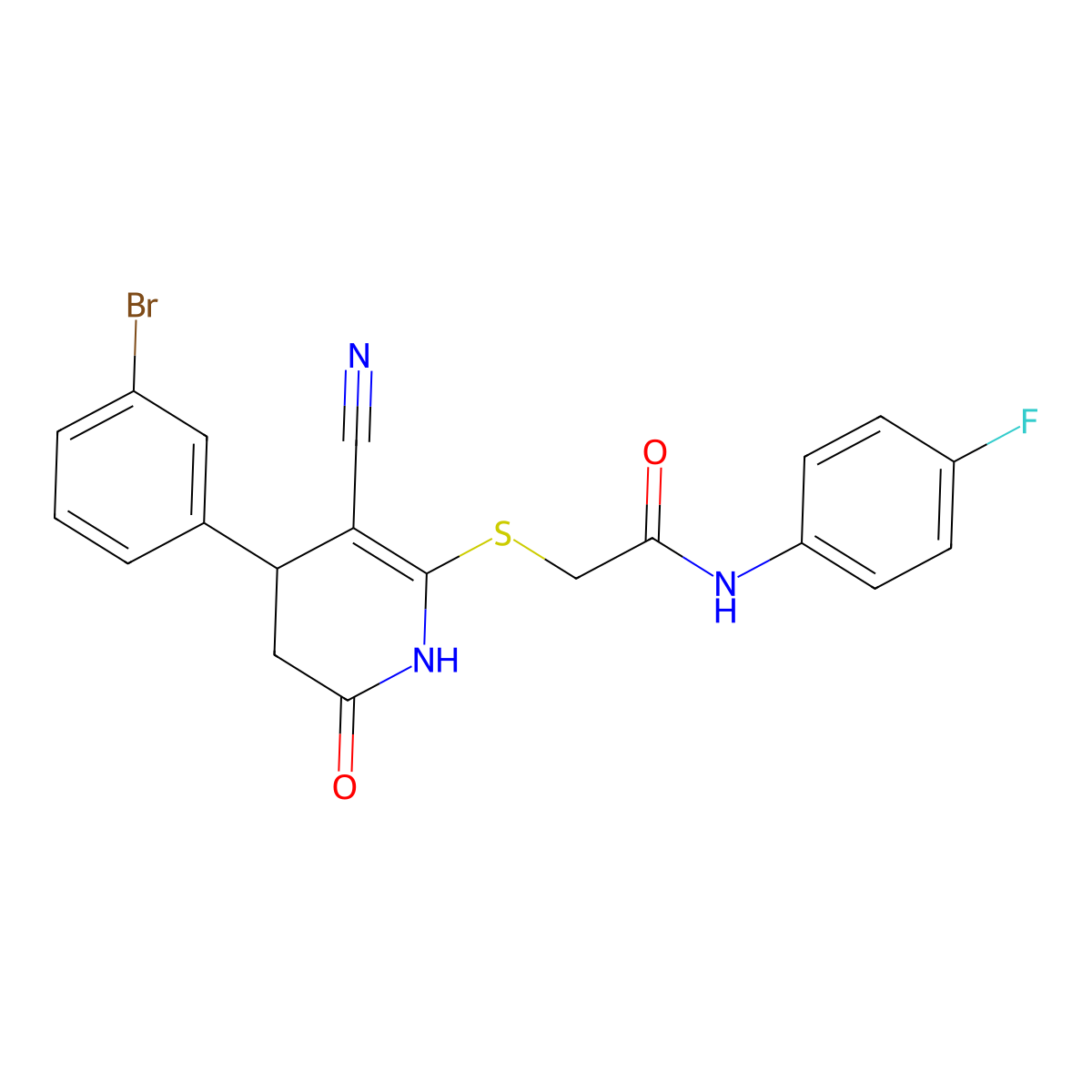 2-((4-(3-bromophenyl)-3-cyano-6-oxo-1,4,5,6-tetrahydropyridin-2-yl)thio)-N-(4-fluorophenyl)acetamide molecular structure, CAS 487033-33-0